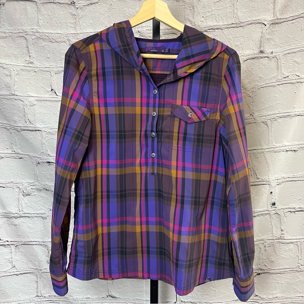 PrAna plaid long sleeve hooded shirt. Purple, Pink, Tan. Roll Tab Sleeves
